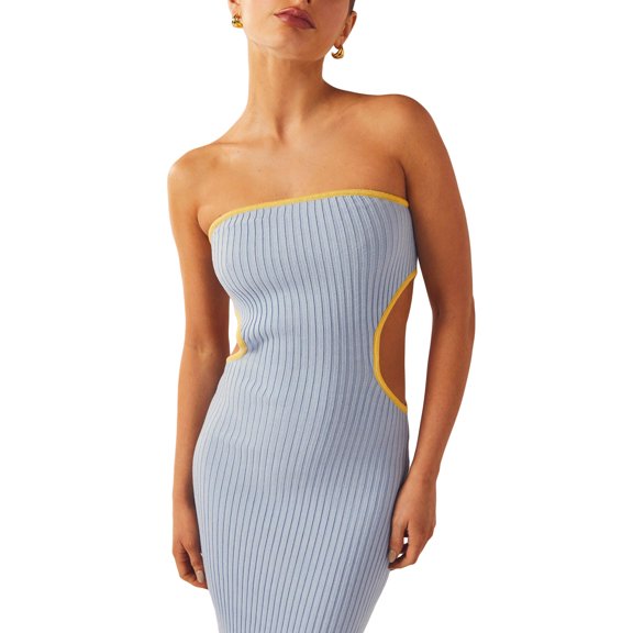 Elippeo Women's Bodycon Tube Dress  Strapless Side Cutout Contrast Color Ribbed Long Dress