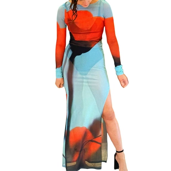 Elippeo Women’s Boydcon Long Dress Sheer Mesh Long Sleeve Boat Neck Floral Print Midi Dress Side Split Dress