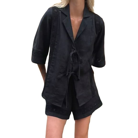Elippeo Women’s Casual 2 Piece Outfits 3/4 Sleeve Tie Knot Front Shirt + Shorts Set Vacation Clothes