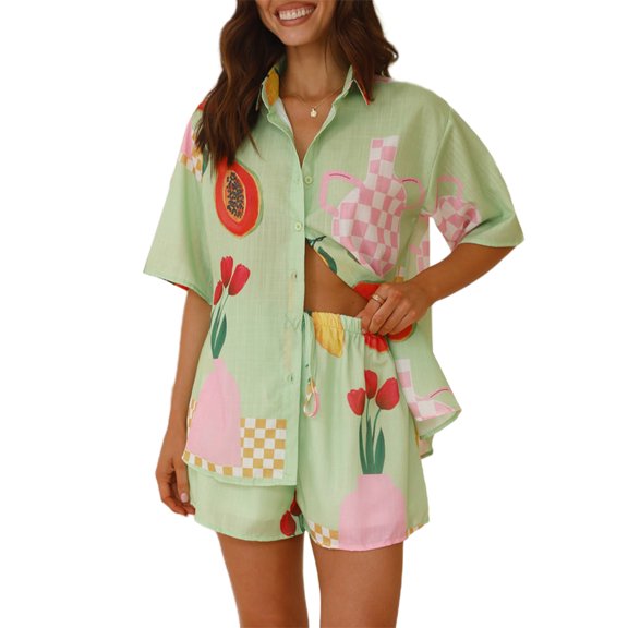 Elippeo Women's Casual Outfit, Loose Lapel Neck Short Sleeve Button Down Shirt Elastic Waist Shorts 2 Piece Summer Set