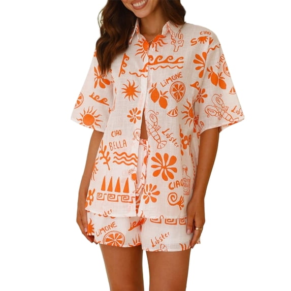 Elippeo Women's Casual Outfit, Loose Lapel Neck Short Sleeve Button Down Shirt Elastic Waist Shorts 2 Piece Summer Set