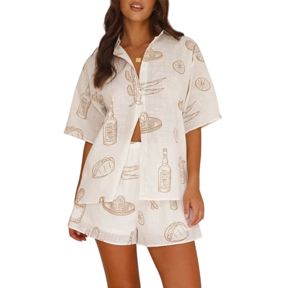 Elippeo Women's Casual Outfit, Loose Lapel Neck Short Sleeve Button Down Shirt Elastic Waist Shorts 2 Piece Summer Set