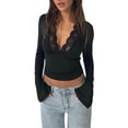 thumbnail image 1 of Elippeo Women's Fall Tops Slim Lace Trim Deep V Neck Bell Sleeve Crop Shirt Casual Streetwear, 1 of 8