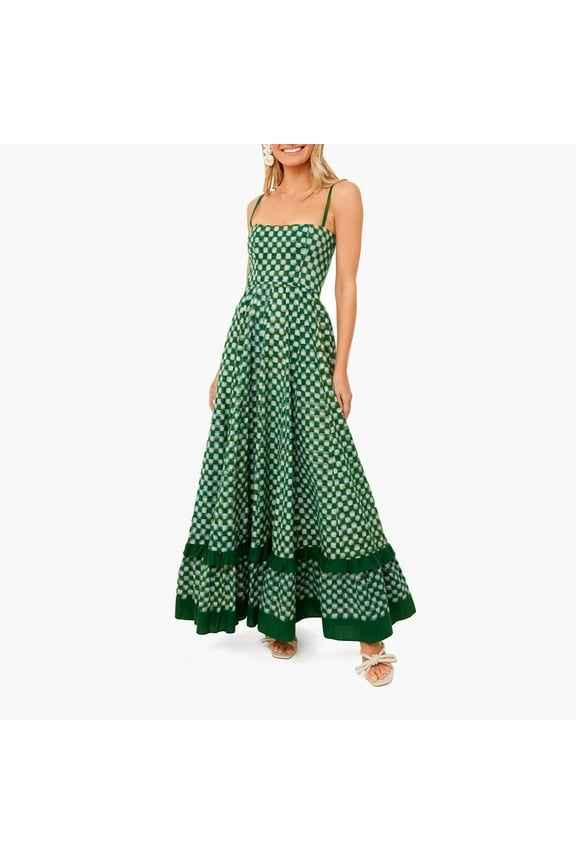 Women's Long Beach Dress Sleeveless Spaghetti Strap Checkerboard Print Flowy Dress Midi Slip Dress