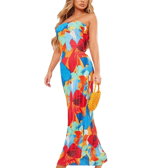 Elippeo Women´s Long Fitted Dress Solid Color/Floral Evening Dress Sleeveless Off Shoulder Strapless Dress