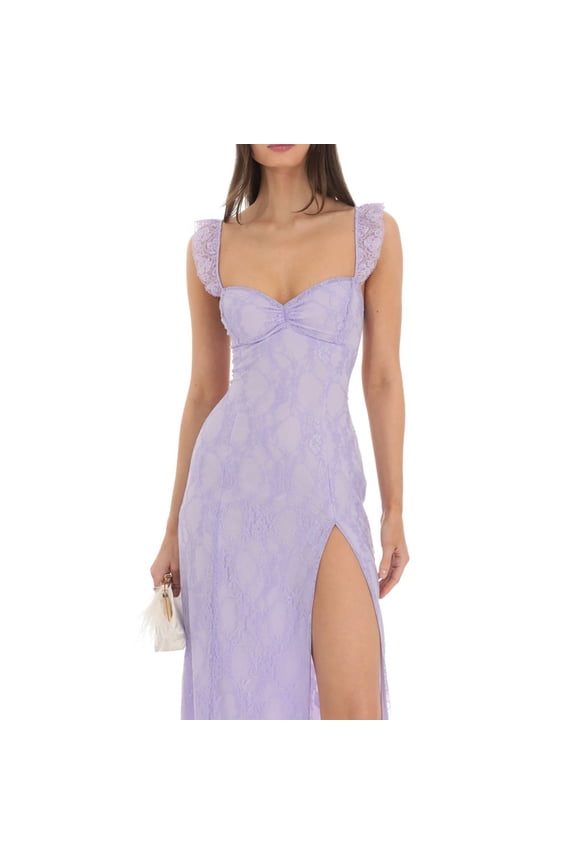 Women's Long Lace Dress Slim Sweetheart Neck Ruffled Sleeve Back Cross Tie-Up High Split Backless Cami Dress