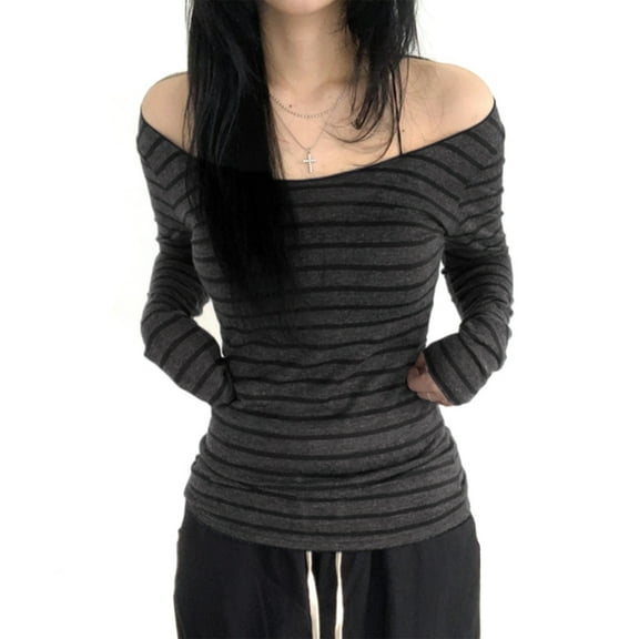 Elippeo Women's Off Shoulder Tops Slim Striped Long Sleeve Casual T-Shirt for Fall Streetwear