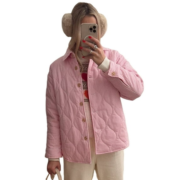 Elippeo Women's Puffer Jacket Stripe Turn-Down Collar Buttons Quilted Coat Fall Winter Long Sleeve Padded Jacket Outerwear