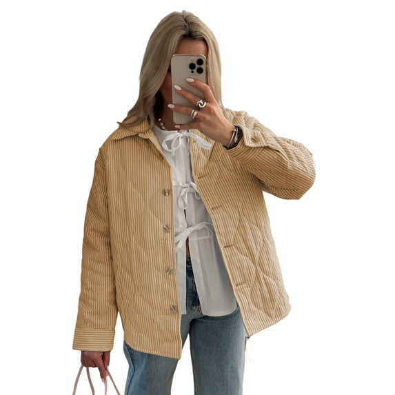 Elippeo Women's Puffer Jacket Stripe Turn-Down Collar Buttons Quilted Coat Fall Winter Long Sleeve Padded Jacket Outerwear