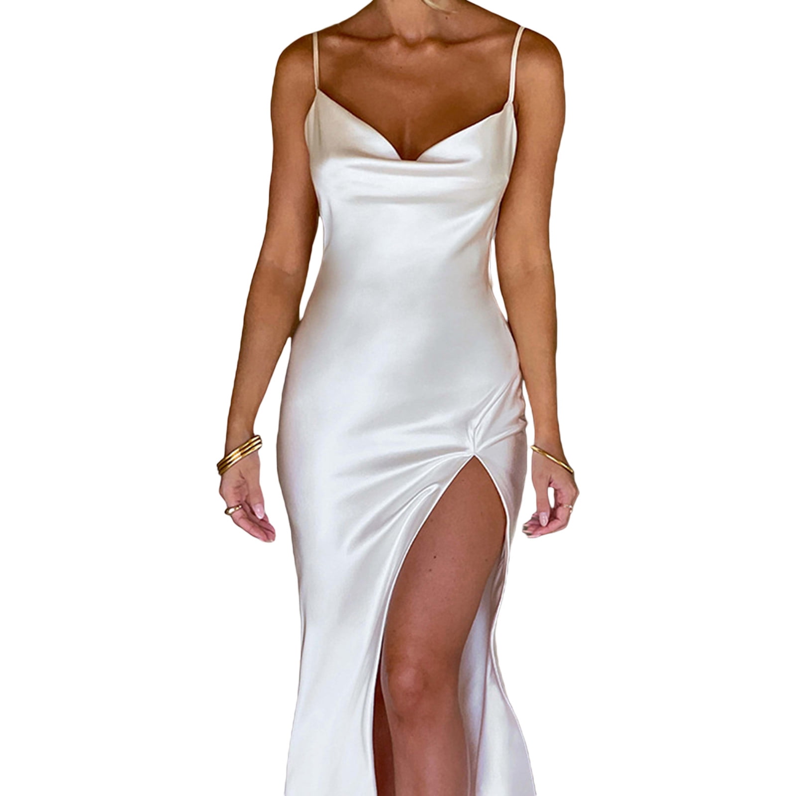 Elippeo Women's Satin Bodycon Long Dress Spaghetti Strap Cowl Neck Midi  Dress High Split Party Dress - Walmart Business Supplies