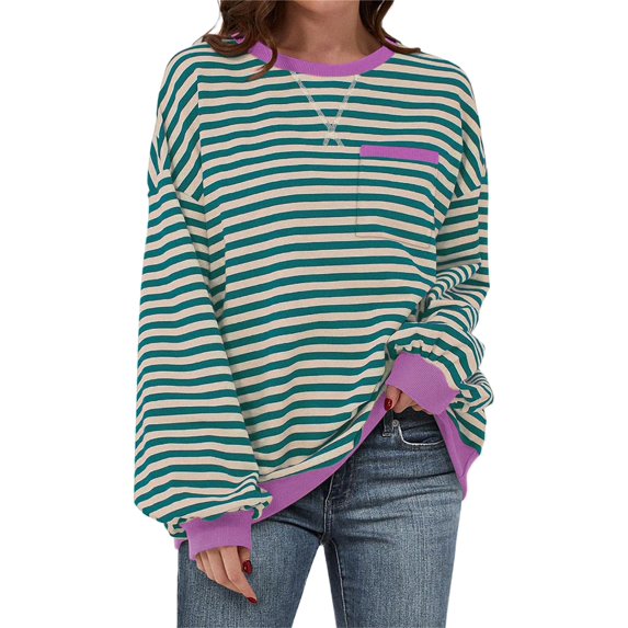 Elippeo Women's Spring Autumn Loose Sweatshirt Long Sleeve Round Neck Striped Pullover