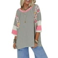 thumbnail image 1 of Elippeo Women's Spring Autumn Loose Tops 3/4 Sleeve Round Neck Floral Print Striped T-shirt, 1 of 9