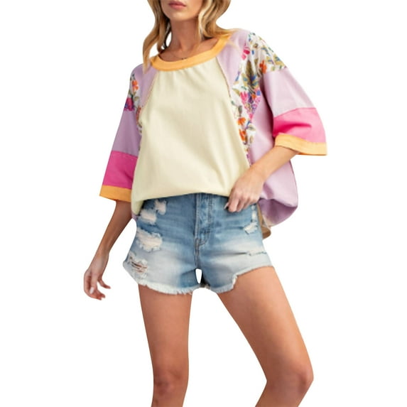 Elippeo Women's Spring Autumn Loose Tops 3/4 Sleeve Round Neck Floral Print Striped T-shirt