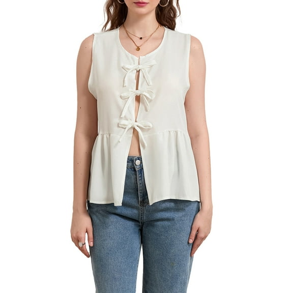 Elippeo Women's Striped Tank Tops Loose Round Neck Front Tie Up Ruffled Sleeveless Blouse for Summer