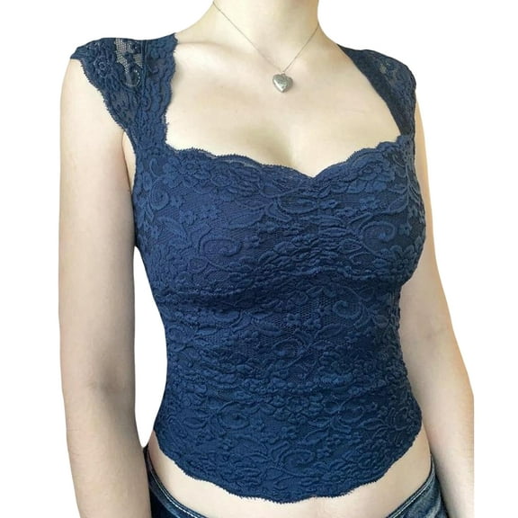 Elippeo Women's Summer Mini Tank Tops Black Sleeveless Low Cut Lace Floral Skinny Crop Tops