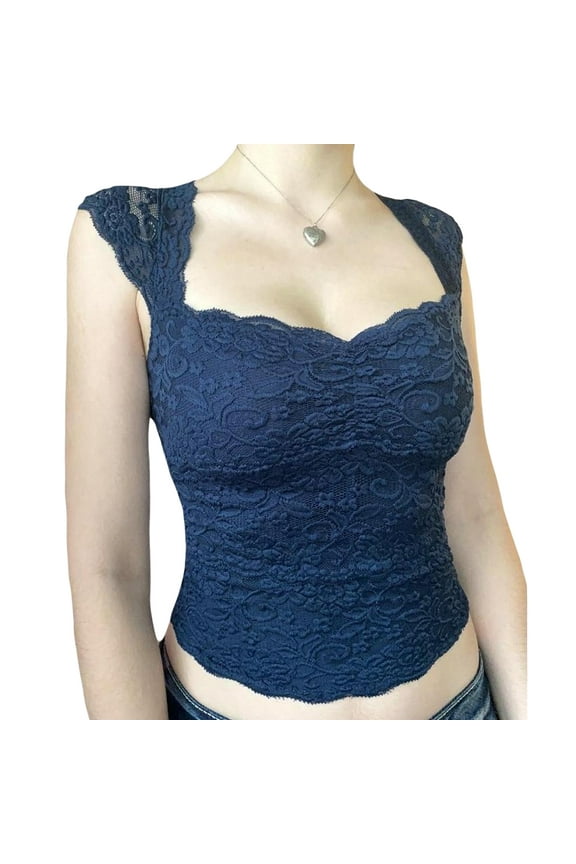 Women's Summer Mini Tank Tops Black Sleeveless Low Cut Lace Floral Skinny Crop Tops