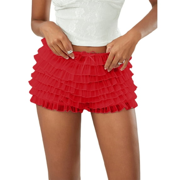 Elippeo Women's Summer Ruffled Frilly Shorts, Multi-Layer Mesh Short Pants Sweet Cute Bloomers
