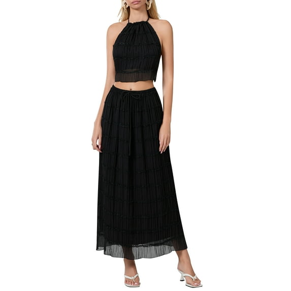 Elippeo Women’s Two Piece Summer Outfits Sleeveless Ruched Halter Cami Tops and Long Skirt Set Beachwear