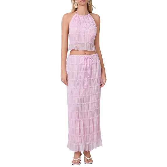 Elippeo Women’s Two Piece Summer Outfits Sleeveless Ruched Halter Cami Tops and Long Skirt Set Beachwear