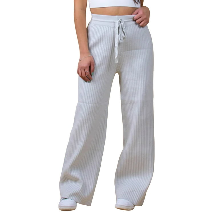 Elippeo Womens Casual Ribbed Knit Pants Elastic High Waist Solid