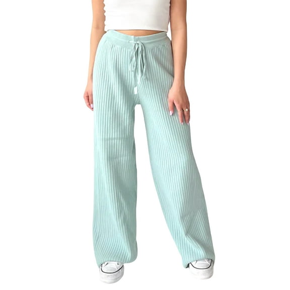 Elippeo Womens Casual Ribbed Knit Pants Elastic High Waist Solid Color Sweater Pants Lounge Trousers
