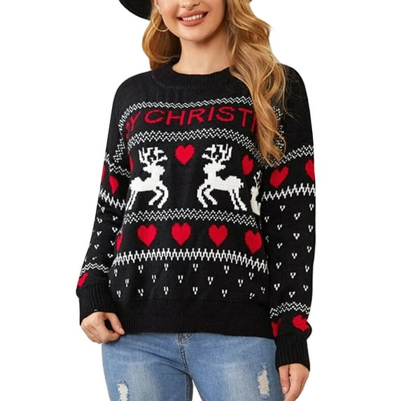Elippeo Womens Christmas Sweater Christmas Reindeer Letter Patterns Crew Neck Pullovers Fall Winter Long Sleeve Jumpers Knitted Tops