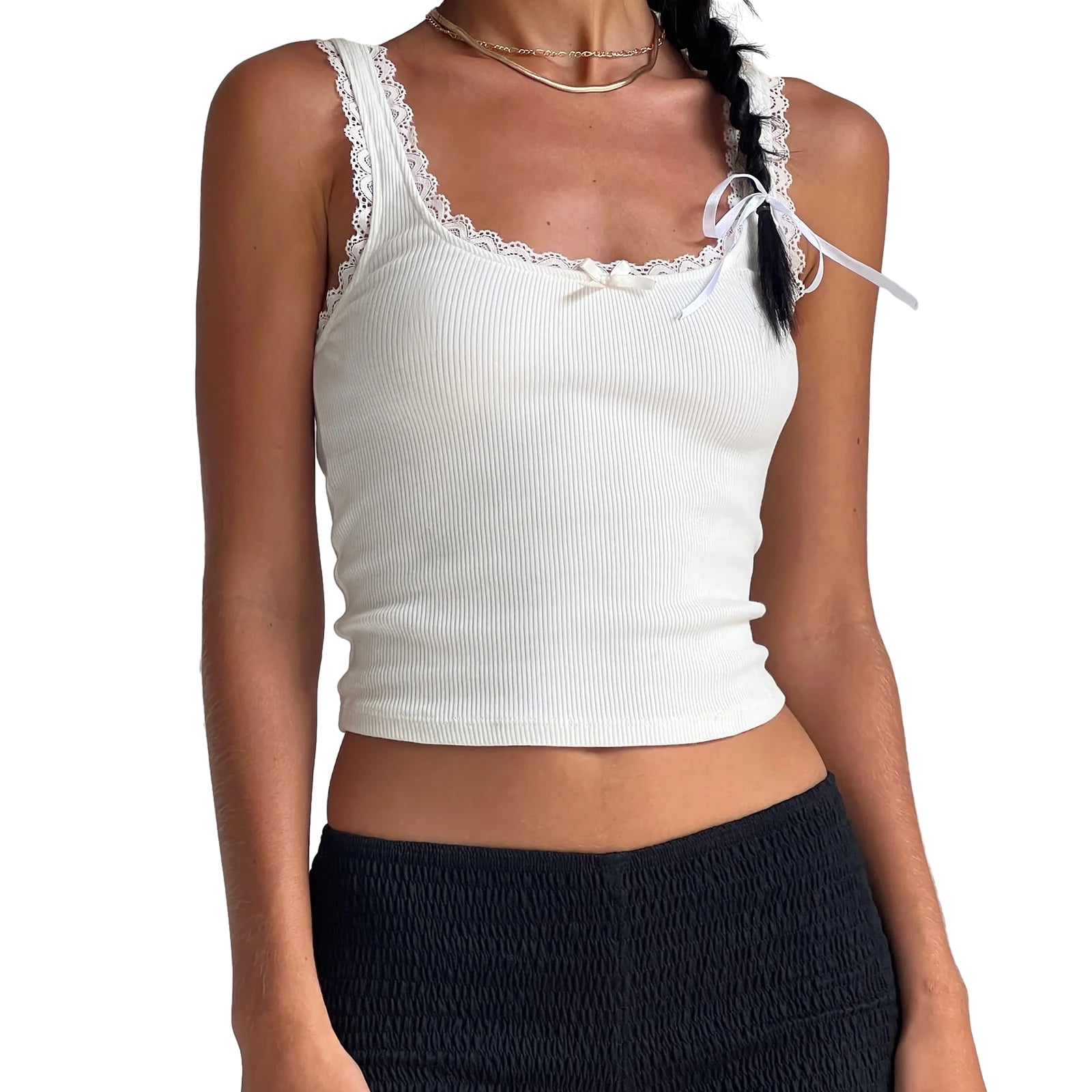 Women's Ribbed Sleeveless Crop Top - Halter Racerback Slim Fit Tank For Streetwear, White Large - View #8