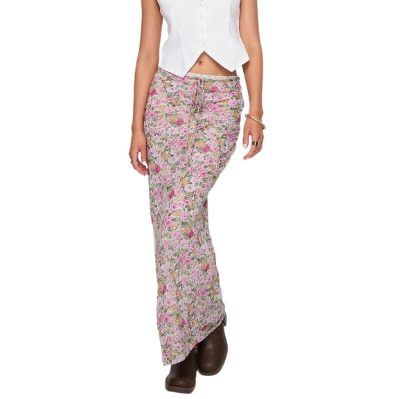 Elippeo Womens Long Skirt Casual Slim Lace Trim Floral Print Drawstring Skirt for Summer