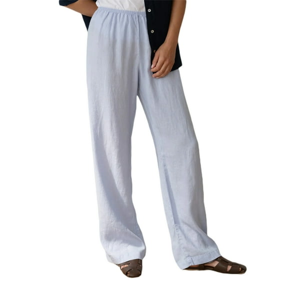 Elippeo Womens Pull On Pants Elastic Waistband Solid Color Wide Leg Loose Casual Comfy Trousers