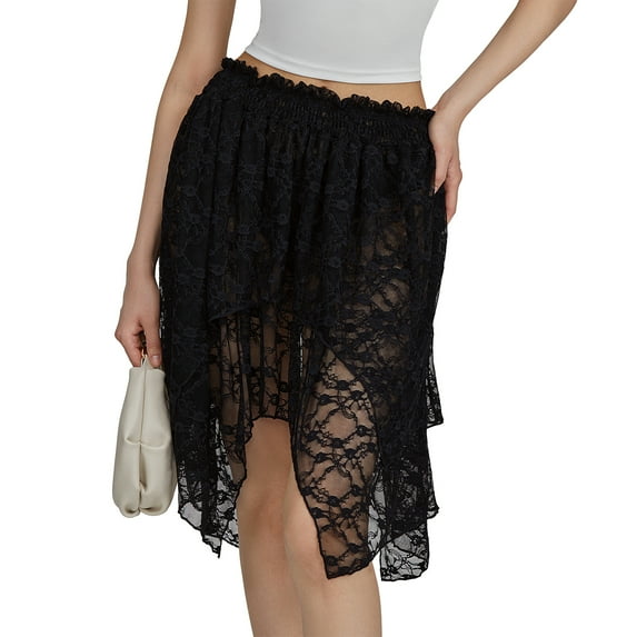 Elippeo Womens Summer Mini Skirts Irregular Hem Lace Floral Skirt for Daily, Travel, Parties