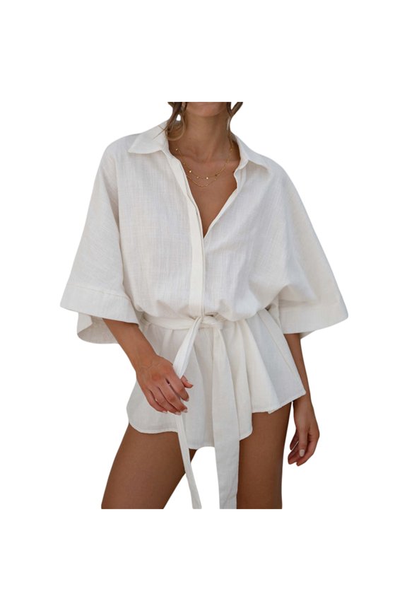 Womens Summer Romper, Fashion 3/4 Sleeve V Neck Button Down Belted Jumpsuit Shorts