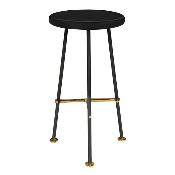 Elira 24.5 Backless Barstool with Round Mango Wood Seat | PVD Coating | Black Iron Legs | Gold Footrest