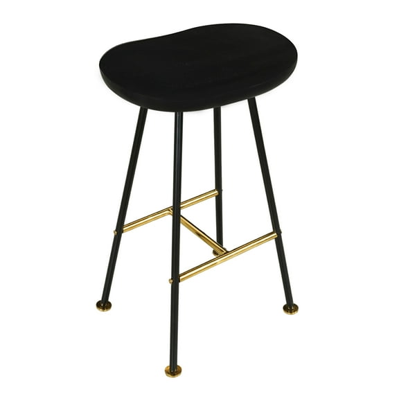 Elira 24" Backless Barstool with Handcrafted Mango Wood Saddle Seat | PVD Coating | Black Iron Legs | Gold Footrest