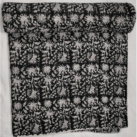 Elisa Kantha Quilt Handblock Print Black& white floral Kantha Indian Netural Colour Indian inspired Bedding Hand Stitched Rural Kantha Quilt A And E Textiles House