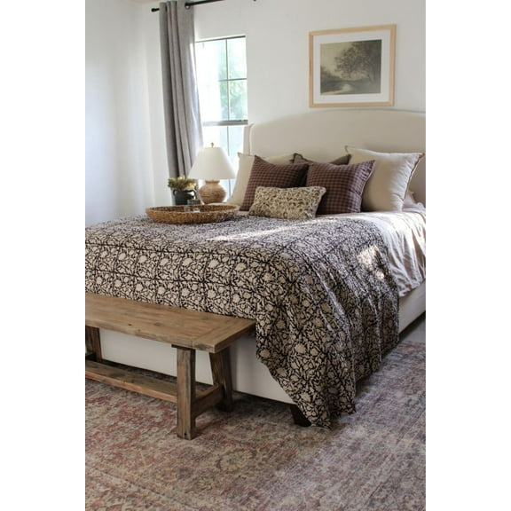 A And E Textiles House Elisa Kantha Quilt Black & White Floral Handblock Print, Hand-Stitched Indian Cotton Bedding