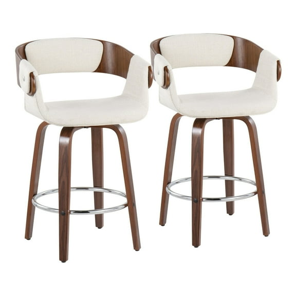 Elisa Mid-Century Modern Counter Stool In Walnut And Cream Fabric - Set Of 2