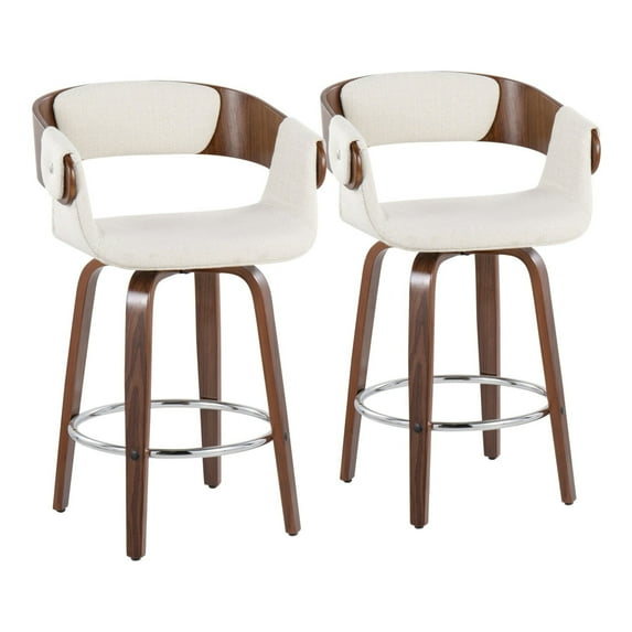 Elisa Mid-Century Modern Counter Stool In Walnut And Cream Fabric - Set Of 2