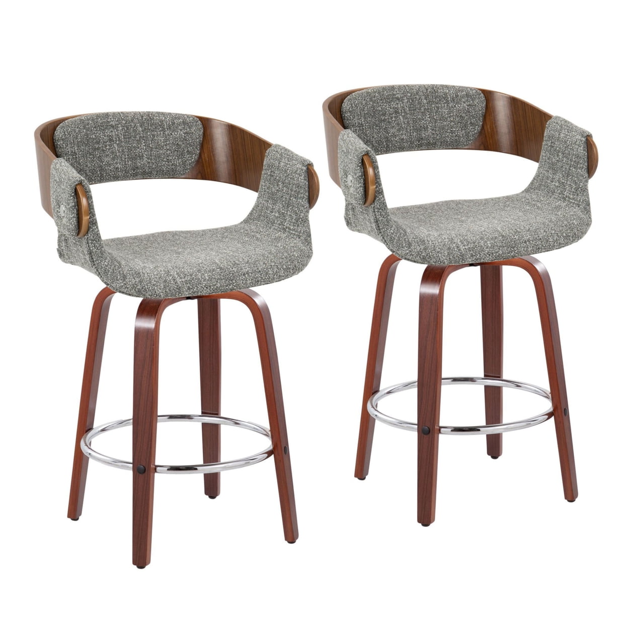 Elisa Mid-Century Modern Counter Stool In Walnut And Grey Fabric - Set ...