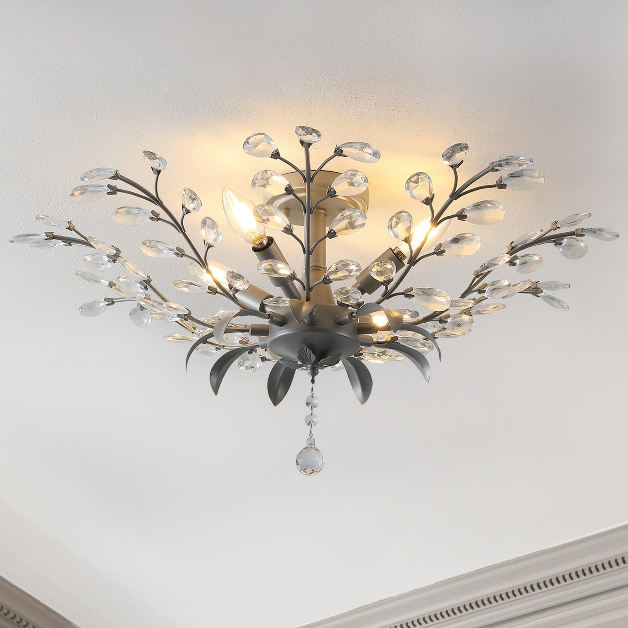 Bohemian Silver Crystal 26" LED Antler Ceiling Light