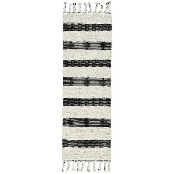 Elise 3 x 8 Shag Area Rug, Handwoven Wool, Ivory and Black Moroccan Design