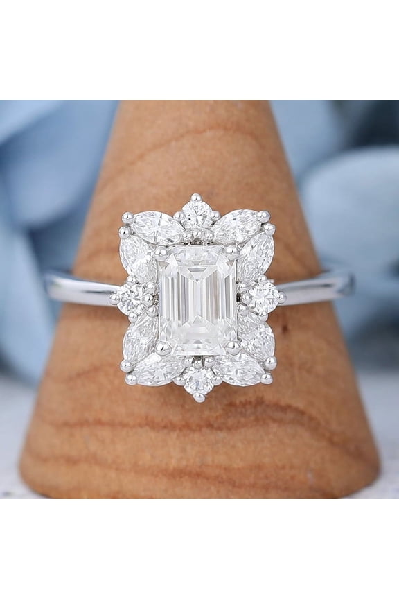 14K White Gold Plated Ring - 1.8 Ct Emerald Cut Wedding Diamond Rings - Cocktail Engagement Sterling Silver Ring for Her - Cluster Multi Diamond Rings for Her - Daily Wear Fine Jewelry