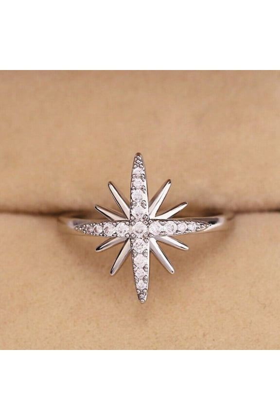 14K White Gold Plated Ring - Excellent 0.7 Ct Round Cut Simulated Diamond Ring - Silver Starburst Design Ring for Women's - Unique Christmas Special Gift for Her - Promise Gifts for Her