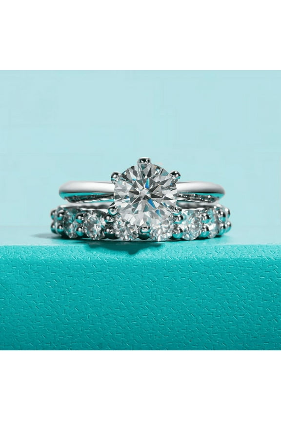 14K White Gold Plated Ring Set for Bridal - Brilliant 1.9 Ct Round Cut Diamond Ring Set - Eternity Matching Band with Bridal Set - Anniversary Gifts Clearance Ring - Anniversary Gifts