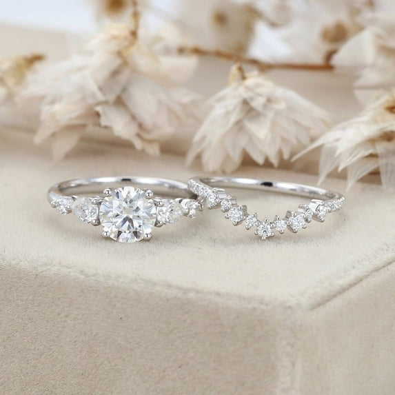 Elise Jewel 14K White Gold Plated Rings - 1.9 Ct Round Cut Lab Created Diamond Ring - Engagement Ring Bridal Set Anniversary Gifts - Cluster Diamond Wedding Silver Rings - Valentine Proposal Rings