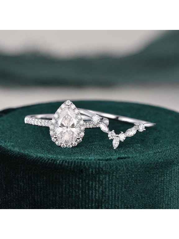2 Ct Pear Cut Lab-Created Simulated Diamond Halo Bridal Set Engagement Wedding Ring 14K White Gold Plated for Women