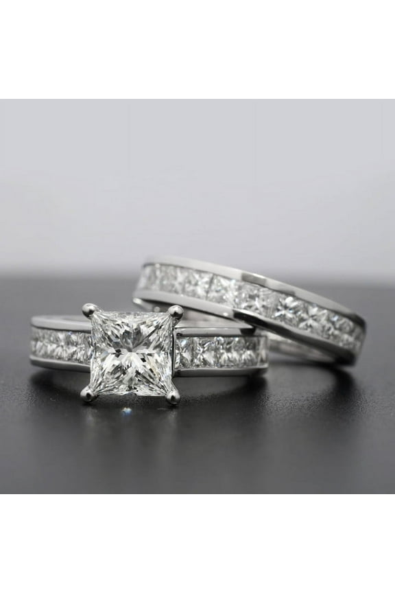 Prong Set 2 Ct Princess Cut Lab Created Diamond Ring - 14K White Gold Plated Rings - Engagement Wedding Diamond Rings - Modern Designer Bridal Ring Sets - Solitaire with Accents Rings