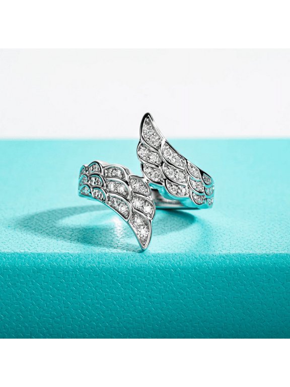 1.1 Ct Round Cut Lab-Created Simulated Diamond Wedding Ring for Women, 14K White Gold Plated Angel Wings Engraved Anniversary Ring