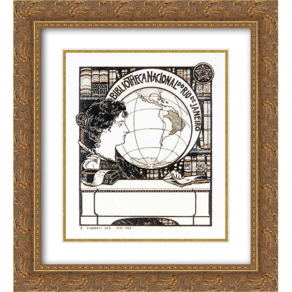 Eliseu Visconti 2x Matted 20x22 Gold Ornate Framed Art Print 'Ex Libris Bibliotheca Nacional '