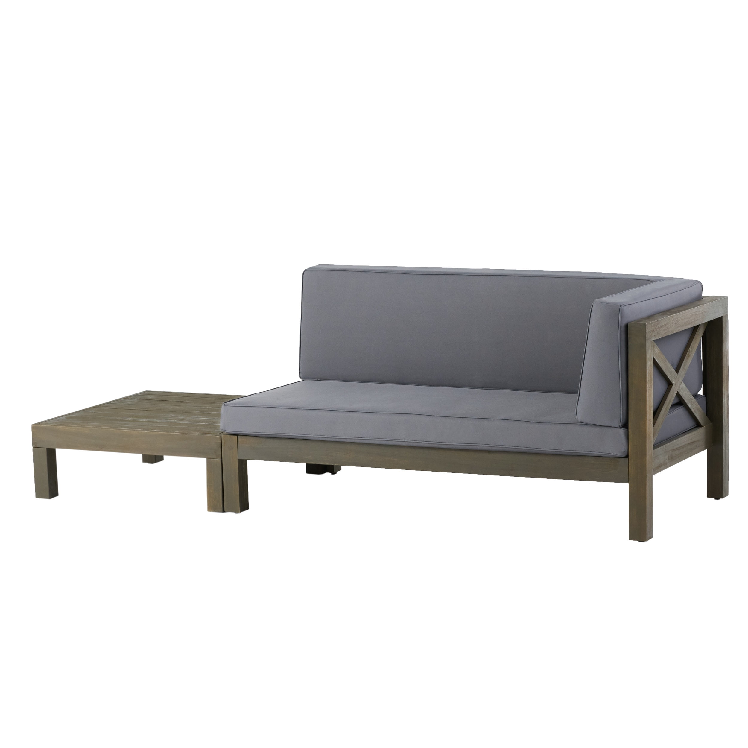Elisha Acacia Wood Outdoor Right Arm Loveseat and Coffee Table Set with Cushion, Gray and Dark Gray