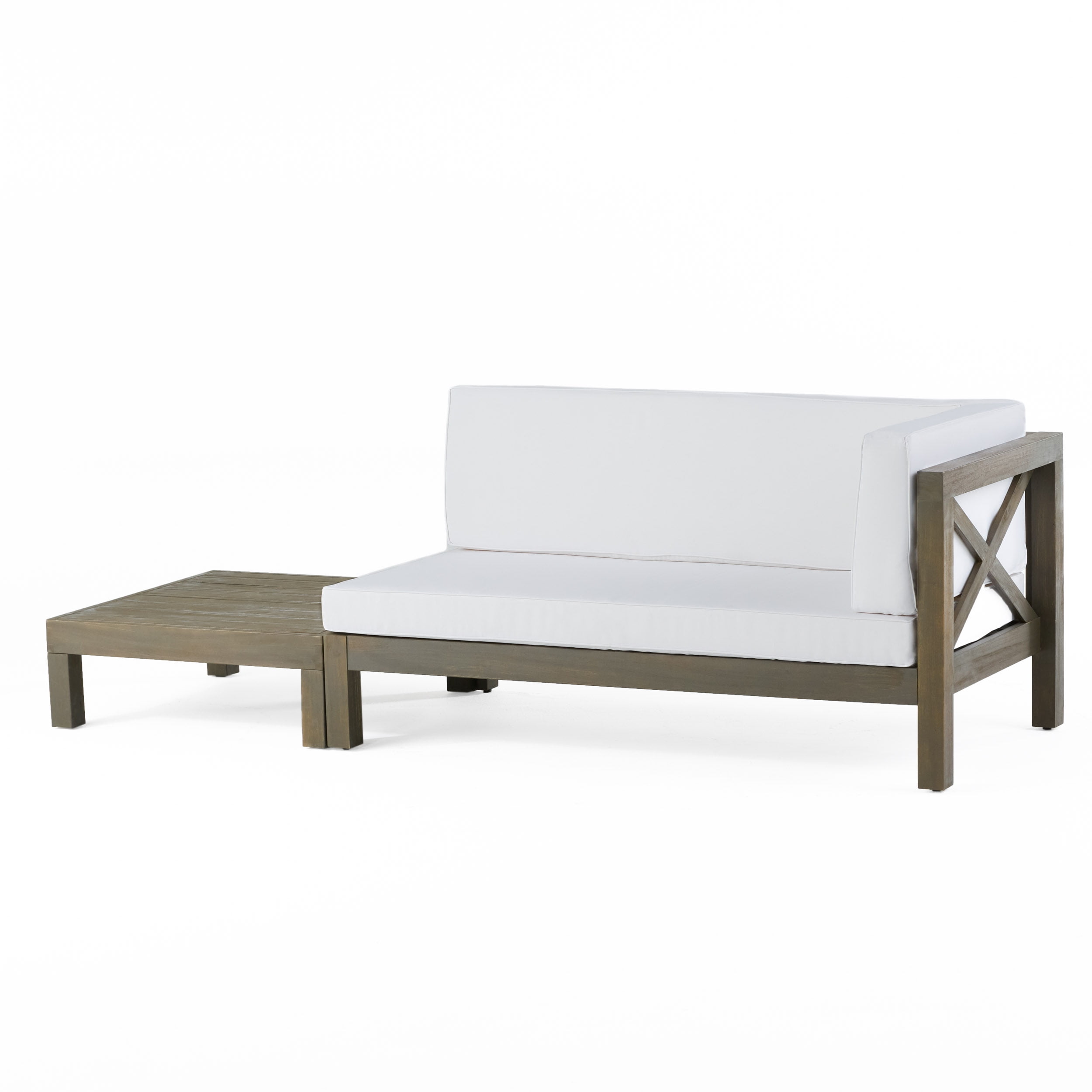 Elisha Acacia Wood Outdoor Right Arm Loveseat and Coffee Table Set with Cushion, Gray and White